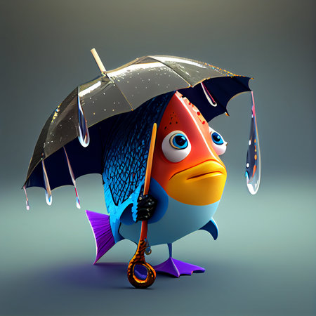 Fish under an umbrella. Cartoon illustration. Coloring. Ai generative.の素材