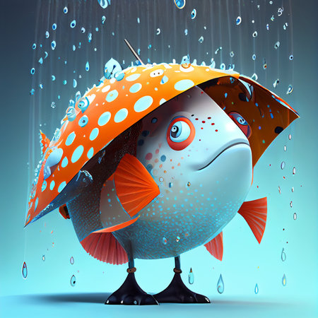 Fish under an umbrella. Cartoon illustration. Coloring. Ai generative.の素材