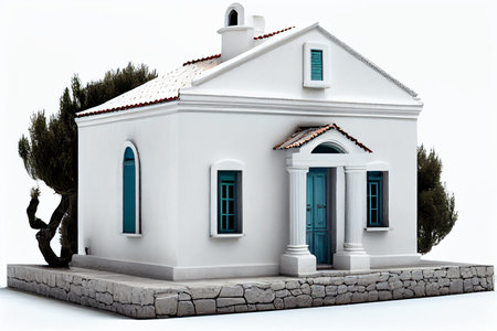 traditional white Greek house facade, isolated on white, generative aiの素材