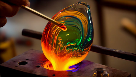 Glass blower forming beautiful piece of glass. A glass crafter is burning and blowing an art piece. Ai generativeの素材