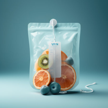 Close-up Of Various Fruit Slices In Saline Bag Dip In Water Against blue Background. Ai generativeの素材