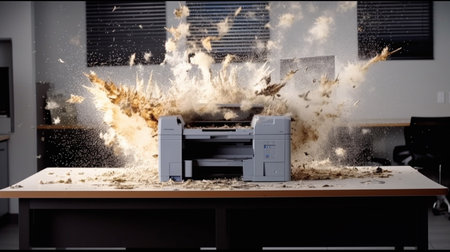 Blast the printer with a paper document file. Printed page. Problems with appliances in the office. Ai generativeの素材
