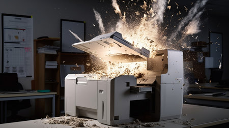 Blast the printer with a paper document file. Printed page. Problems with appliances in the office. Ai generativeの素材