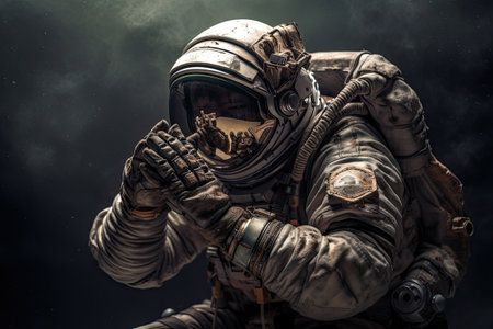 An astronaut in outer space to pray to the Lord. Cosmonaut with his hands folded in front of his face in prayer. Ai generativeの素材