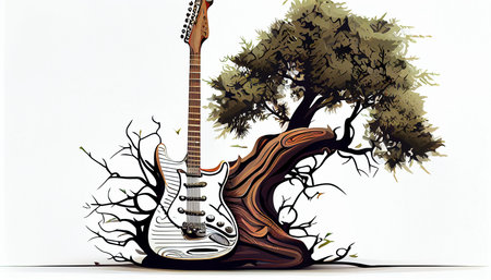guitar with tree and roots, creative musical illustration, ai generativeの素材