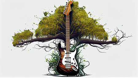 guitar with tree and roots, creative musical illustration, ai generativeの素材