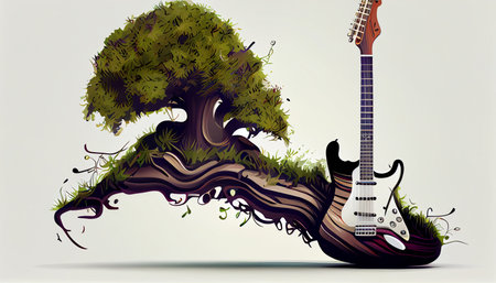 guitar with tree and roots, creative musical illustration, ai generativeの素材