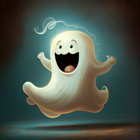 Happy white cartoon ghost on blue background halloween. generative aiの素材