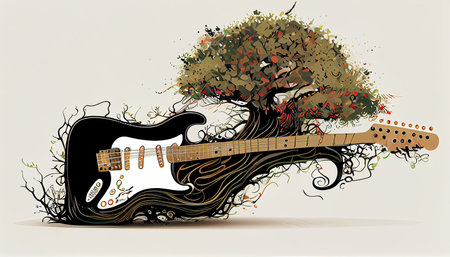 guitar with tree and roots, creative musical illustration, ai generativeの素材