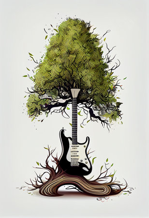 guitar with tree and roots, creative musical illustration, ai generativeの素材