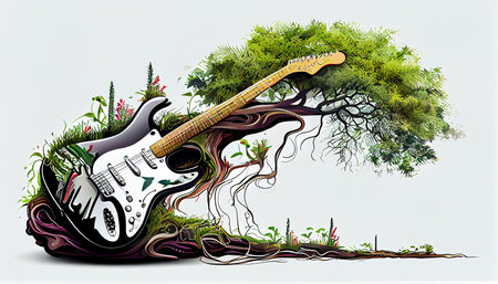 guitar with tree and roots, creative musical illustration, ai generativeの素材