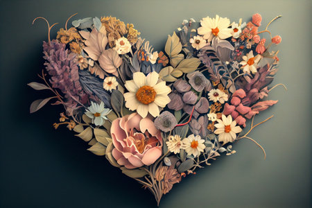 Heart shaped bouquet of beautiful fresh flowers on pastel background. Minimal Valentines Day, Easter, wedding or Mothers day concept. Creative spring or summer floral layout. Flat lay. Ai generativeの素材