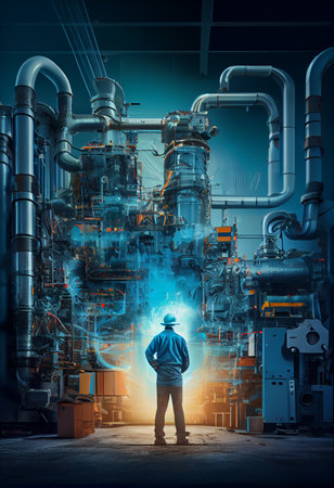 Industry 4.0 Robot concept .Engineers use tablet computer for machine maintenance, automation tools, robot arm at the factory. Ai generativeの素材