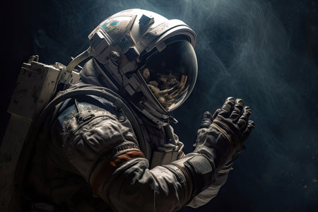An astronaut in outer space to pray to the Lord. Cosmonaut with his hands folded in front of his face in prayer. Ai generativeの素材