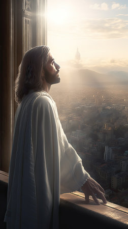 Jesus looks at the city in the rays of the bright sun. Ai generativeの素材