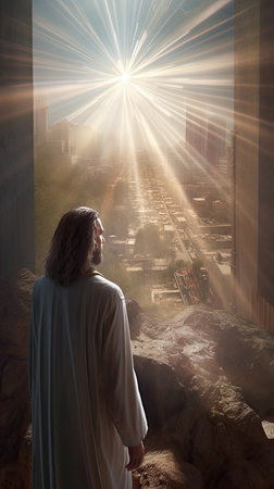 Jesus looks at the city in the rays of the bright sun. Ai generativeの素材
