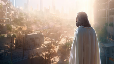 Jesus looks at the city in the rays of the bright sun. Ai generativeの素材