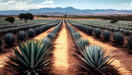 Agave Field in South America. Raw materials for the production of tequila and cosmetics. Ai generativeの素材