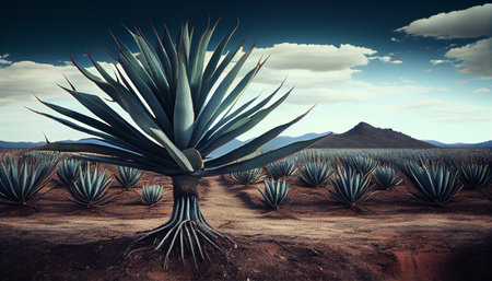Agave Field in South America. Raw materials for the production of tequila and cosmetics. Ai generativeの素材
