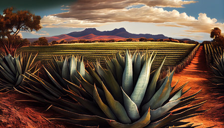 Agave Field in South America. Raw materials for the production of tequila and cosmetics. Ai generativeの素材