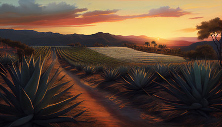 Agave Field in South America. Raw materials for the production of tequila and cosmetics. Ai generativeの素材