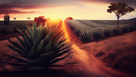 Agave Field in South America. Raw materials for the production of tequila and cosmetics. Ai generativeの素材