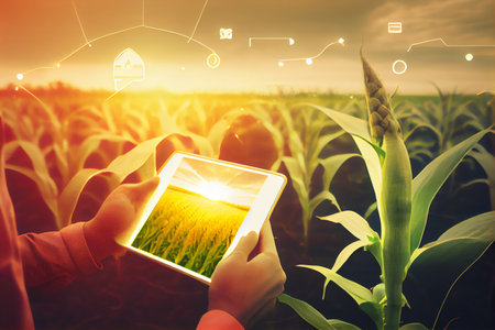 Agronomist farmer man using digital tablet computer in a young cornfield at sunset or sunrise. Ai generativeの素材