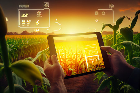 Agronomist farmer man using digital tablet computer in a young cornfield at sunset or sunrise. Ai generativeの素材