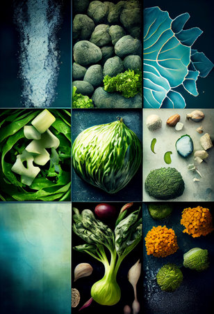 Collage of vegetables like asparagus, lettuce, tomato and cucumber. Ai generativeの素材