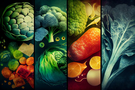 Collage of vegetables like asparagus, lettuce, tomato and cucumber. Ai generativeの素材