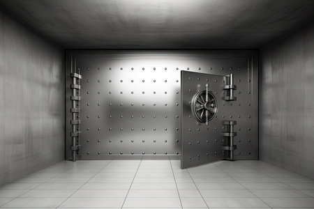 Front view of light silver bank vault door, closed. Ai generativeの素材