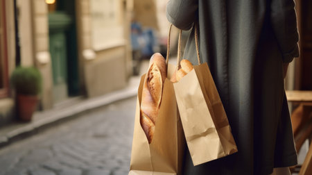Parisien Baguette Bread in biodegradable paper bag. Ai generativeの素材