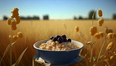 Breakfast. Travel food. Oatmeal with blueberries Ai generativeの素材