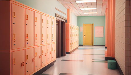 Orange lockers cabinets furniture in locker room at school or university for student. Ai generativeの素材