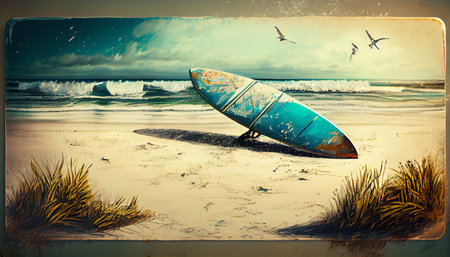 Surf board in the sand at the beach. Ai generativeの素材