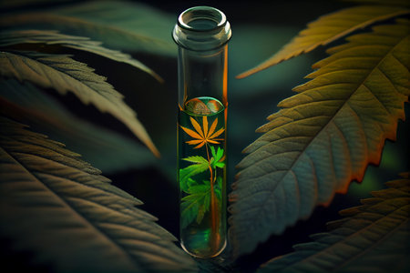 Cannabis leaf and bush in vitro. Cannabis cultivation concept for oil, medical purposes. Ai generativeの写真素材