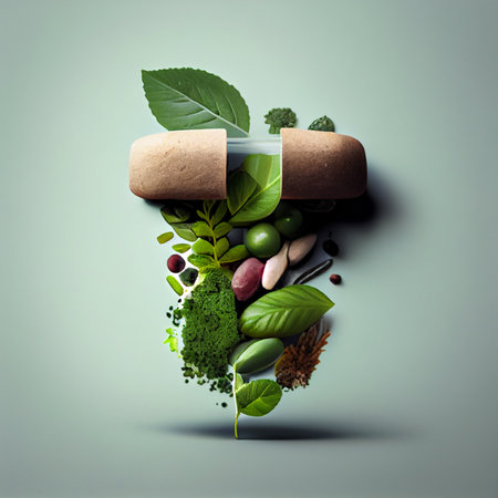 Vitamin pill capsule with fruits and vegetables. Nutrition supplemet and health eating concept. Ai generative.の素材