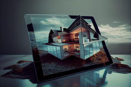 VR Design project of low-rise city block. Visualization using augmented reality tools. Designing and presenting with a tablet computer. Ai generativeの素材