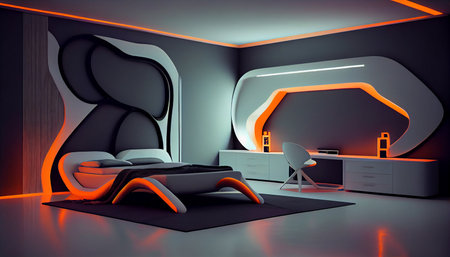 Interior of stylish bedroom with neon lighting. Ai generativeの素材