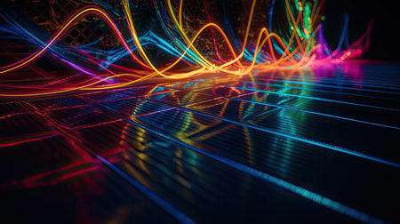 Abstract neon lights into digital technology tunnel. Futuristic technology abstract background. Ai generativeの素材