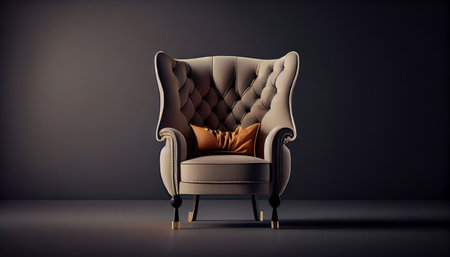 Cream Living Room leather Chair. Side View of Modern geige Armchair with Upholstered Armrests Seat Button Tufted Back Cushion & Wooden Legs. Interior Furniture Accent Arm Chair. Ai generativeの素材