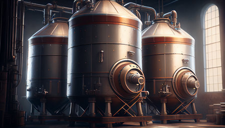 Modern Beer Factory. Rows of steel tanks for beer fermentation and maturation. Spot light effect. Ai generatveの素材