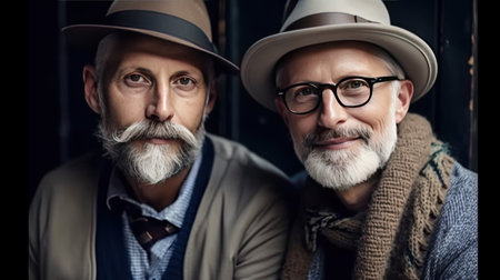 Senior LGBT couple posing in downtown. 60 yo people have travel. Ai generativeの素材