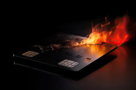 Bank credit card in flames on black background. Crisis, overdue loan concept. Ai generativeの素材