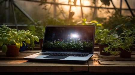 Working at home garden, laptop surrounded with green leafy potted plants, front view of the screen, ai generativeの素材