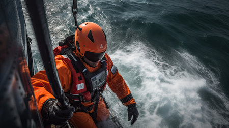 Rescue team descending from a helicopter at a ship in distress. Ai generativeの素材