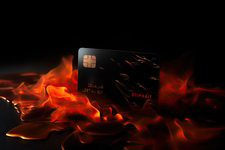 Bank credit card in flames on black background. Crisis, overdue loan concept. Ai generativeの素材
