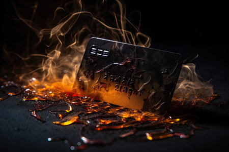 Bank credit card in flames on black background. Crisis, overdue loan concept. Ai generativeの素材