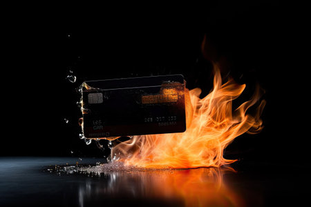 Bank credit card in flames on black background. Crisis, overdue loan concept. Ai generativeの素材