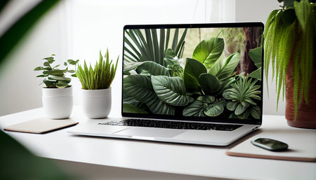 Laptop on white wooden business workspace desk. Ai generativeの素材